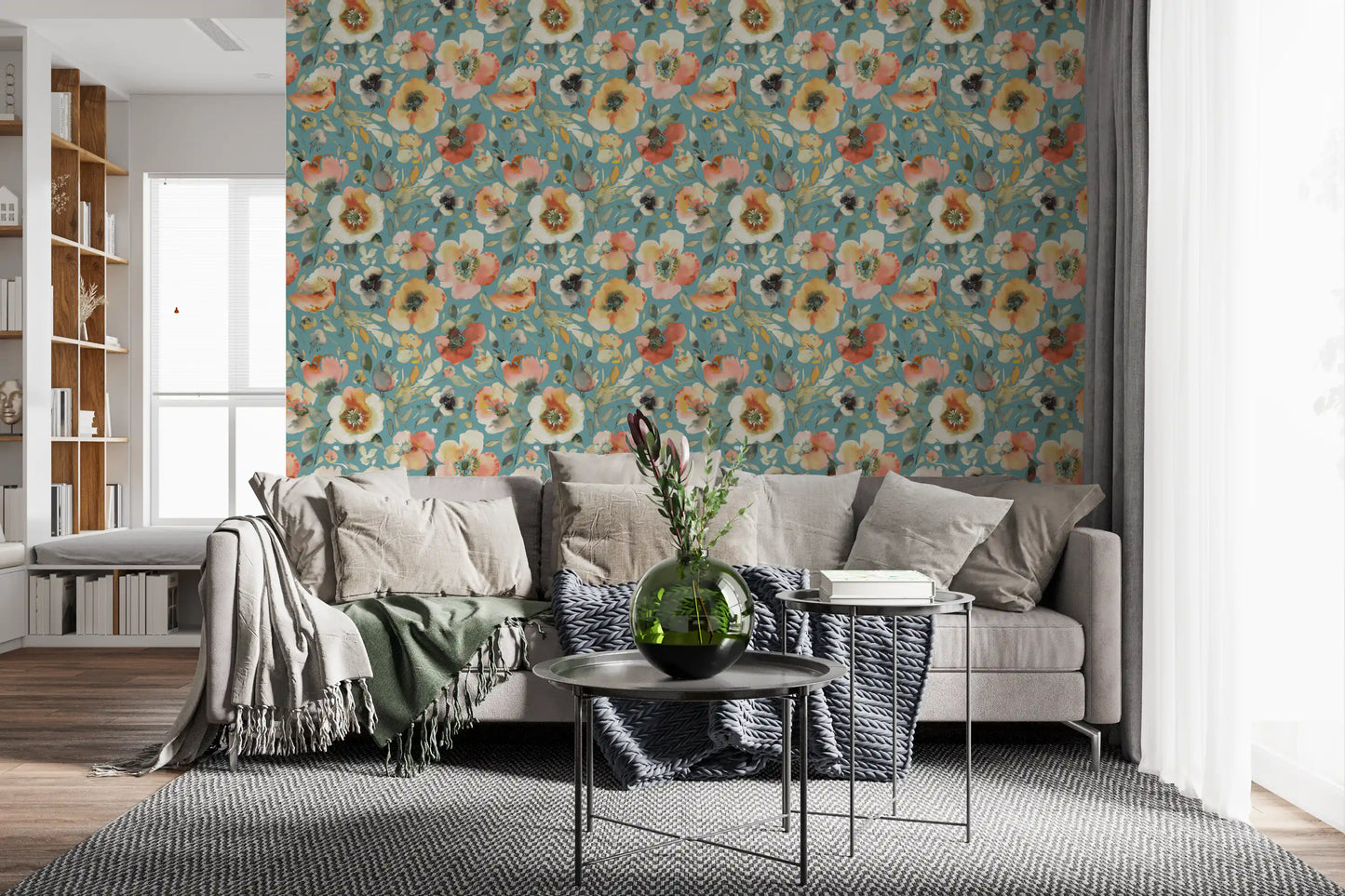 Soft Watercolor Floral Blooms Teal Peach Wallpaper⁠