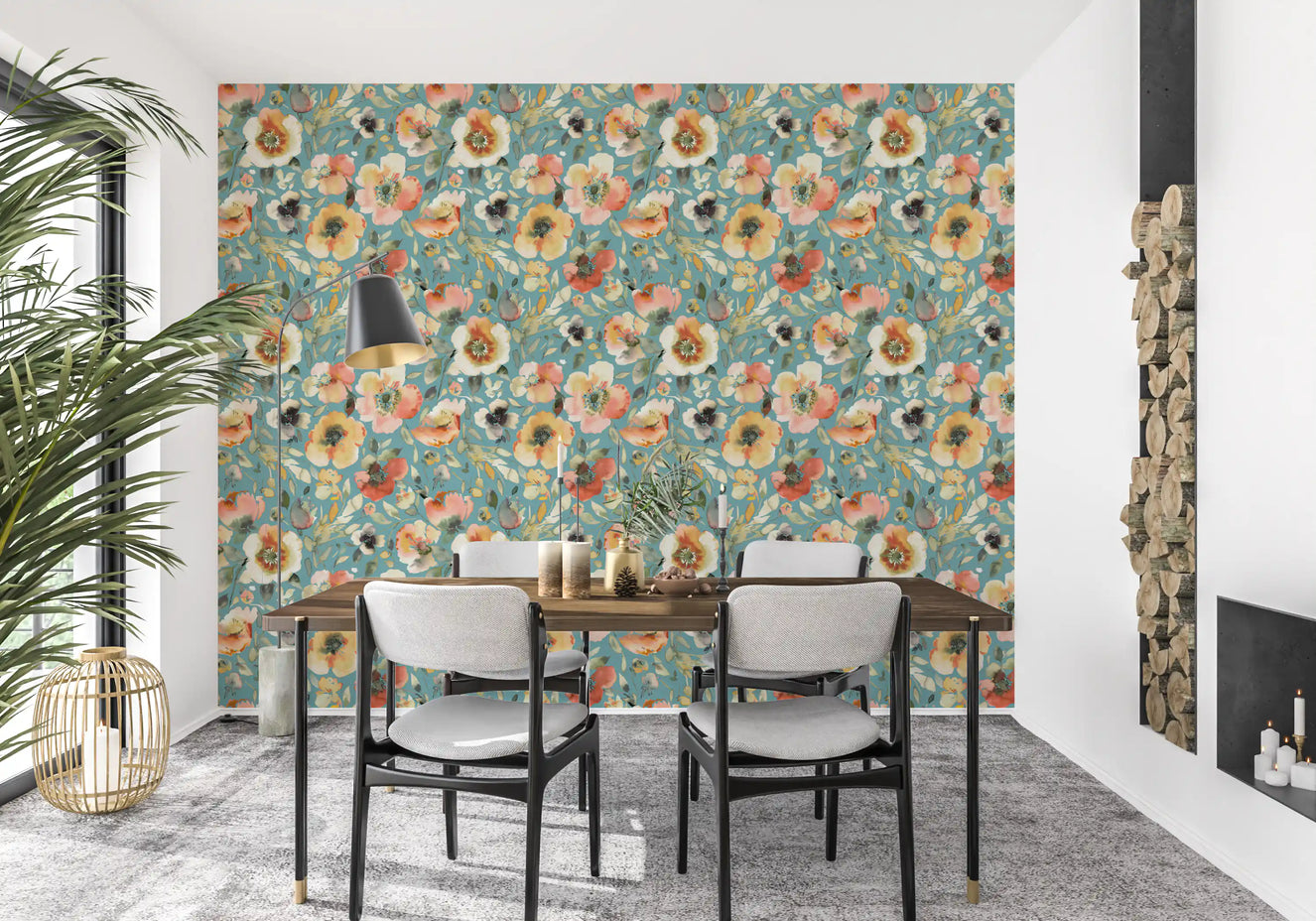 Teal and peach floral blooms watercolour wallpaper in a dining room interior.