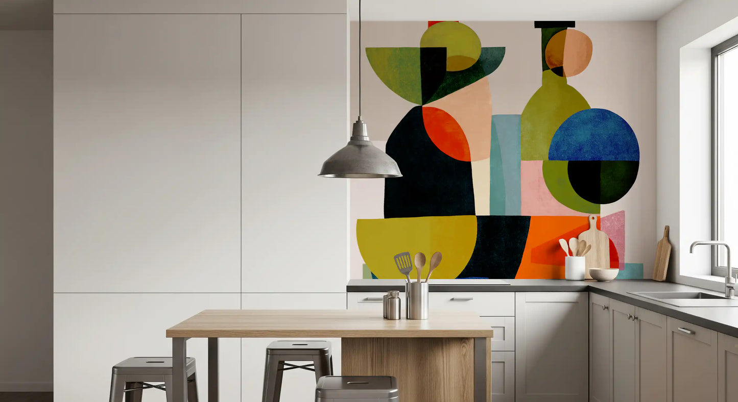 Cubist abstract vessel study wall mural in red olive blue and orange tones., GD10526