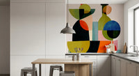 Cubist abstract vessel study wall mural in red olive blue and orange tones., GD10526