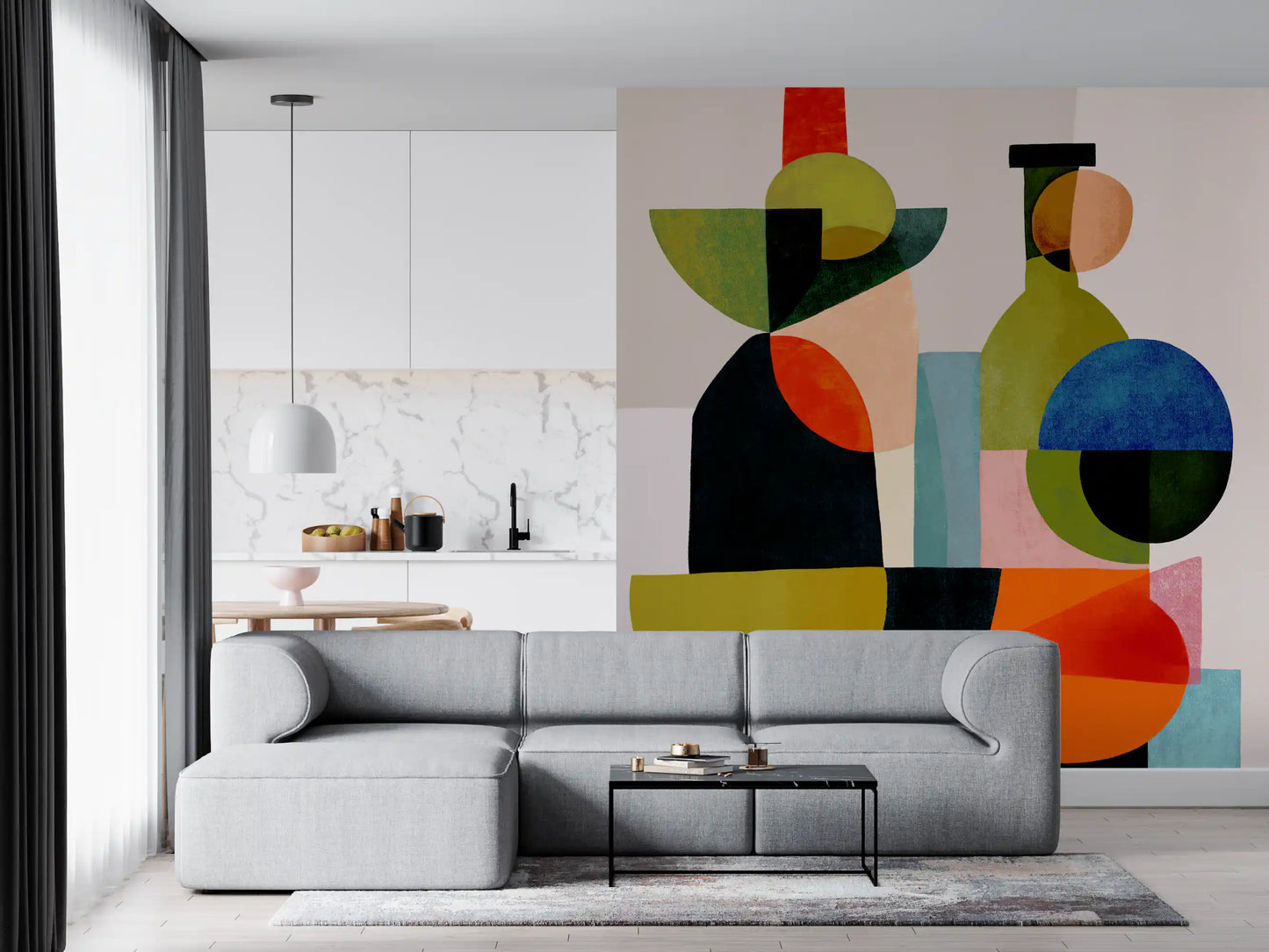 Abstract vessel wall mural with Interlocking half-moons circles and rectangles., GD10526