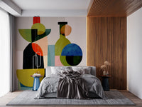 Cubist vessel shapes in olive green red and teal on neutral beige mural in bedroom., GD10526