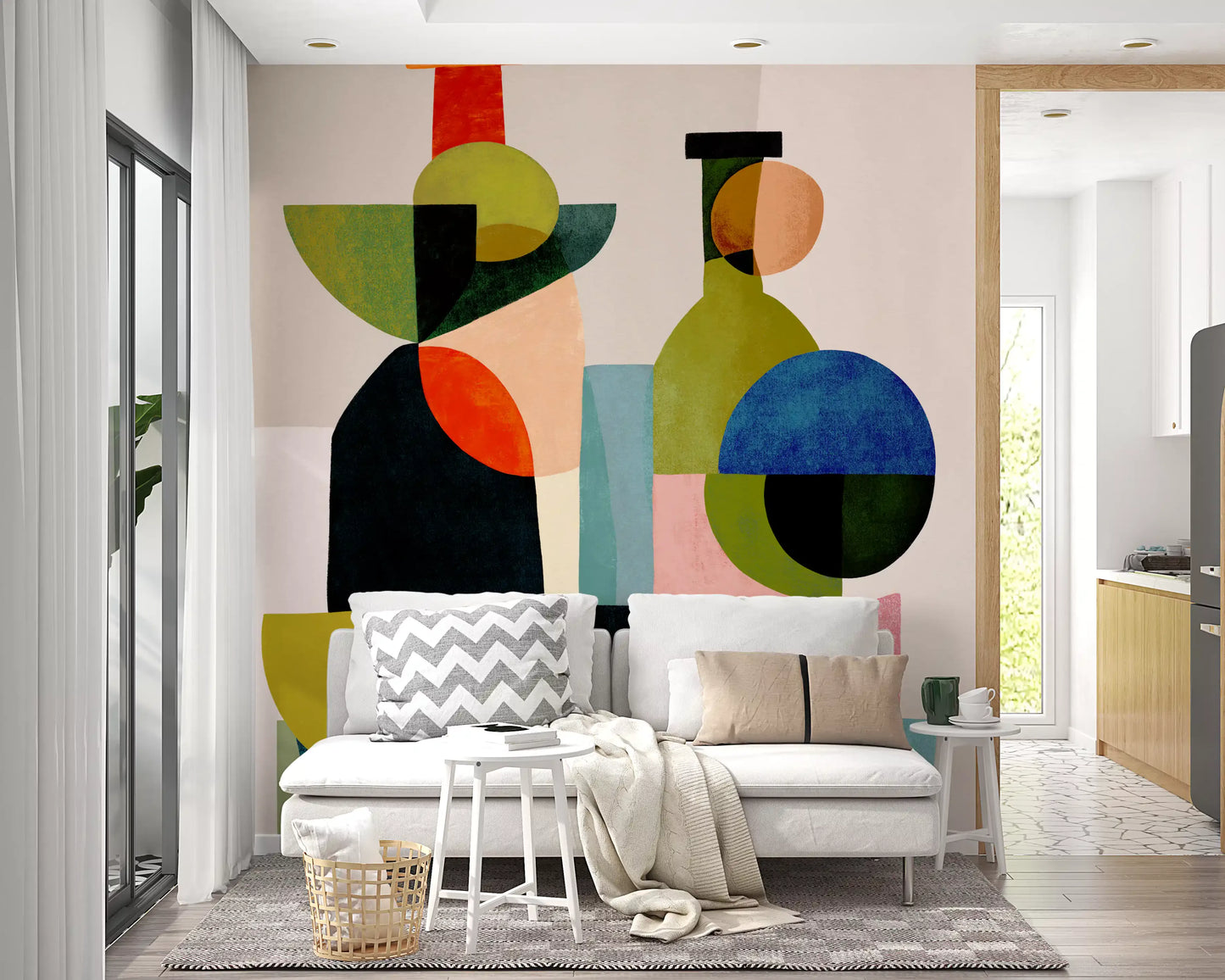 Abstract vessel study mural with warm orange and cool blue colour contras., GD10526