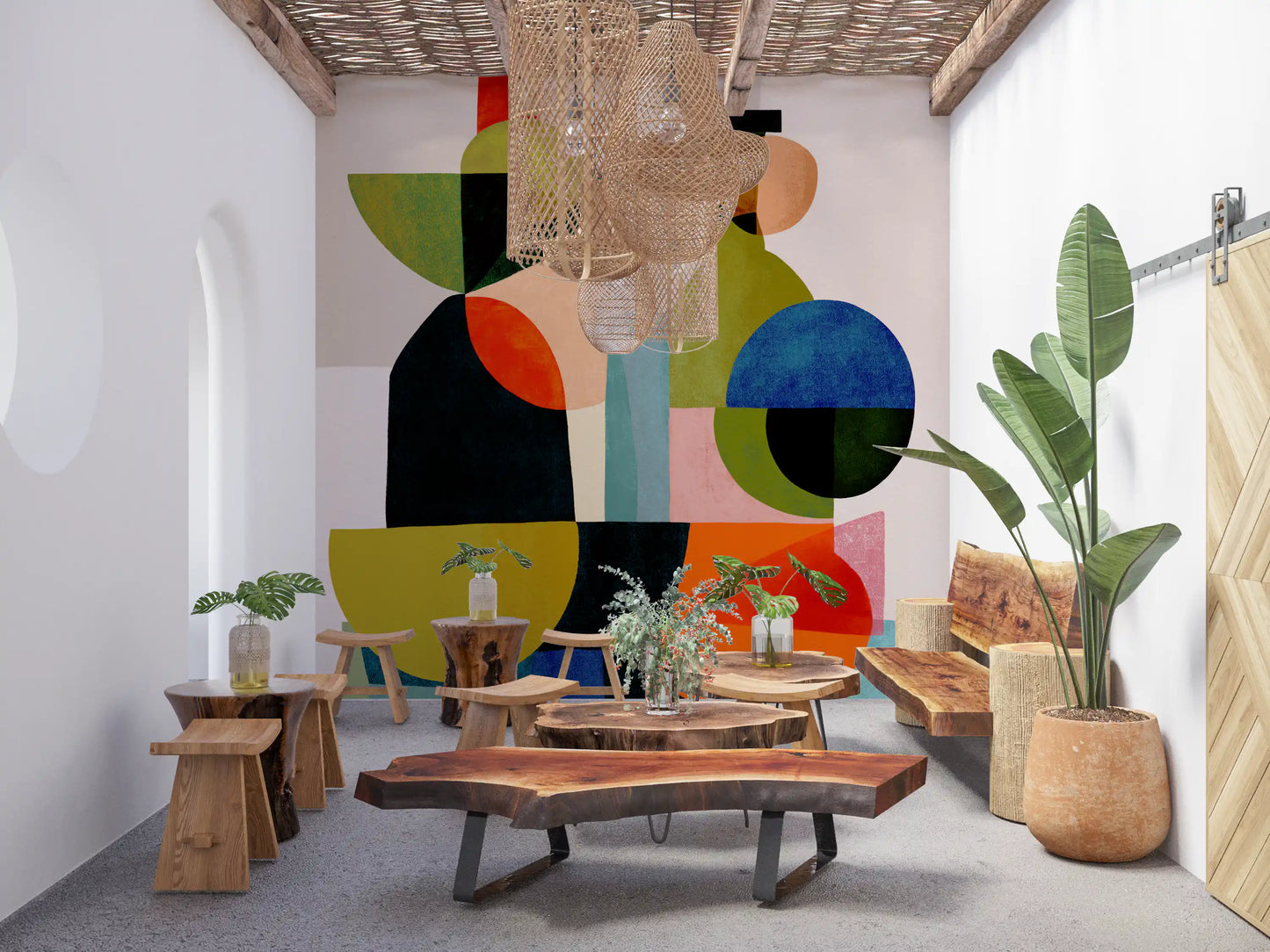 Textured multicolour geometric vessel wall mural with black and coral accents., GD10526