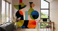 Abstract wall mural with layered colour fields forming two stylised vessels., GD10526