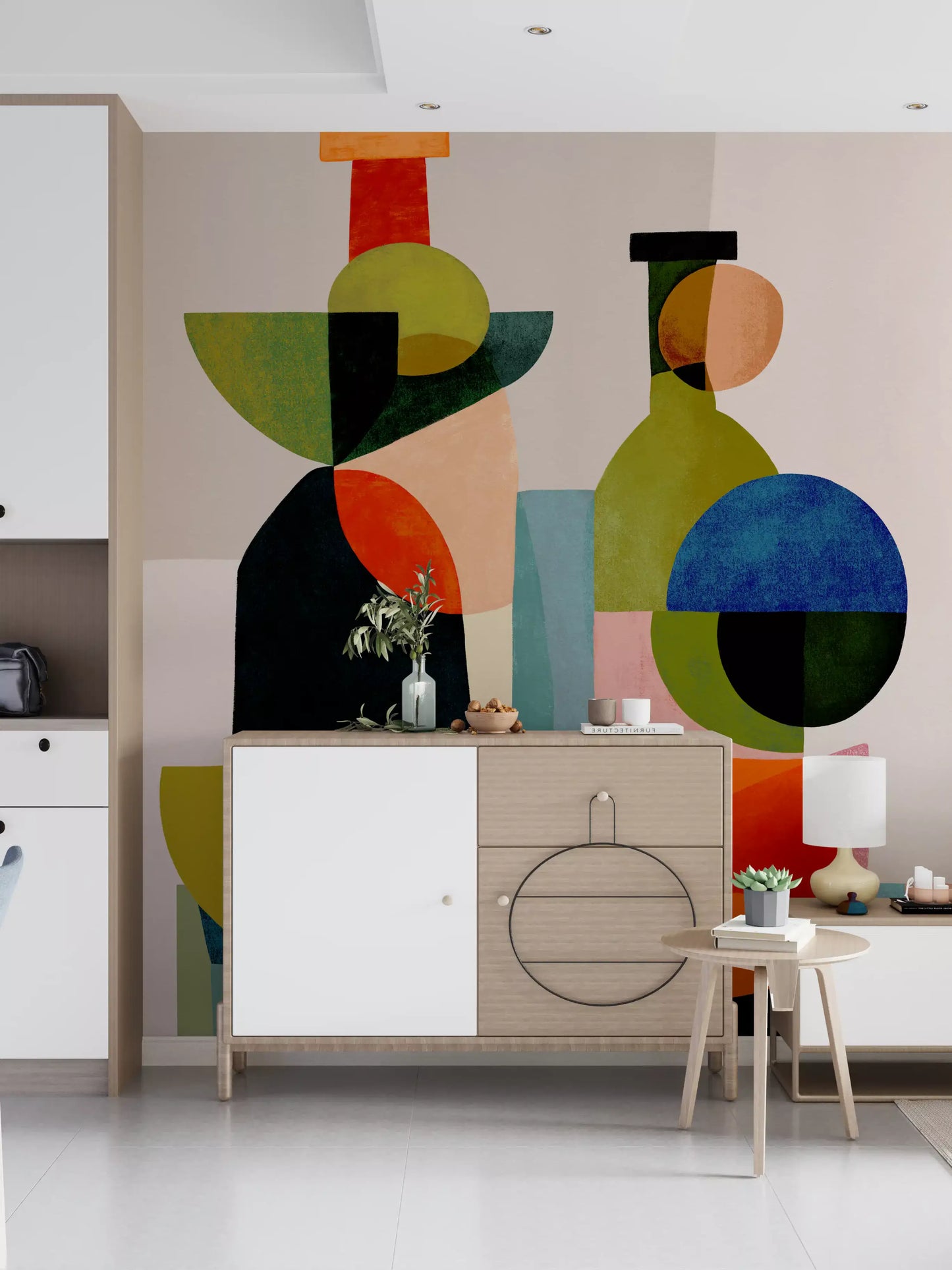 Two geometric vessels with overlapping circles and blocks on beige wall mural., GD10526