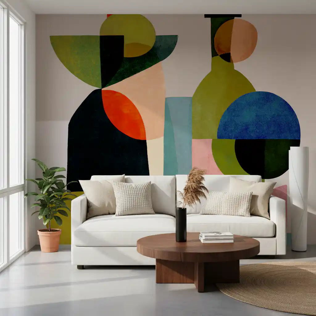Red olive and deep blue geometric forms arranged in a vessel study mural for living area., GD10526