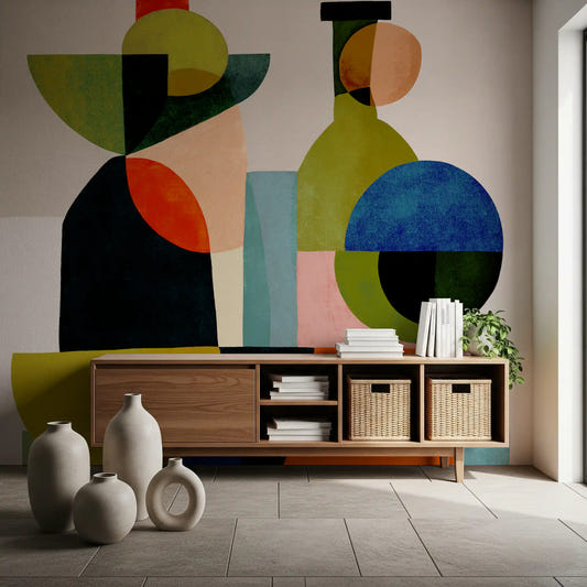 Geometric multicolour vessel wall mural in an hallway setting.