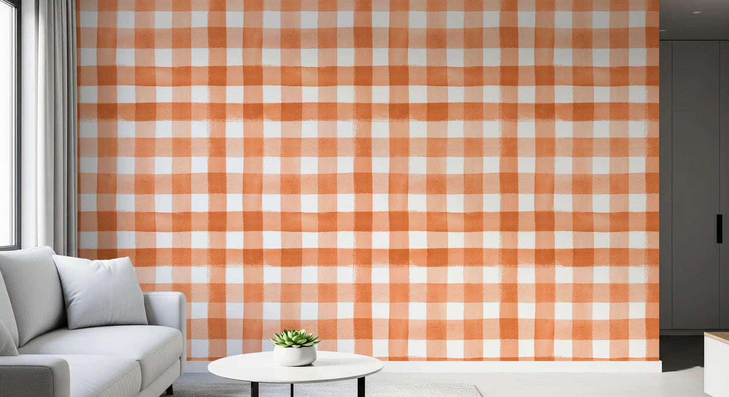 Hand-Painted Terracotta Gingham Wallpaper⁠