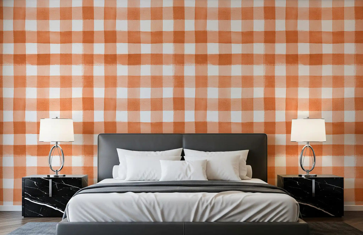 Warm orange gingham check wallpaper in a bedroom space., GD10527