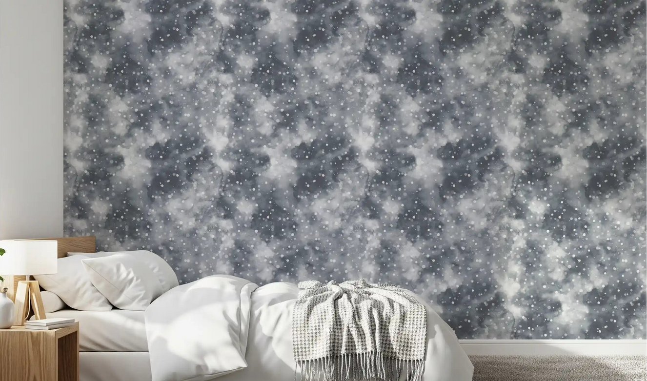 Silvered mist and light dots wallpaper displayed in a bedroom setting.