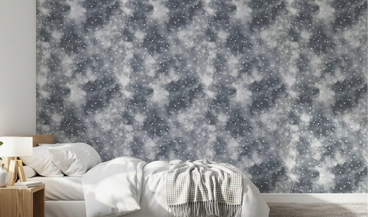 Silvered mist and light dots wallpaper displayed in a bedroom setting.
