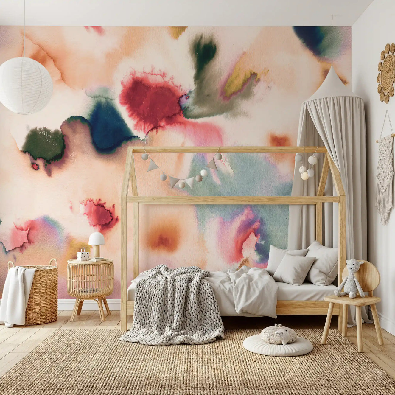 Layered crimson and teal pigment bleeds on abstract watercolor wall mural.