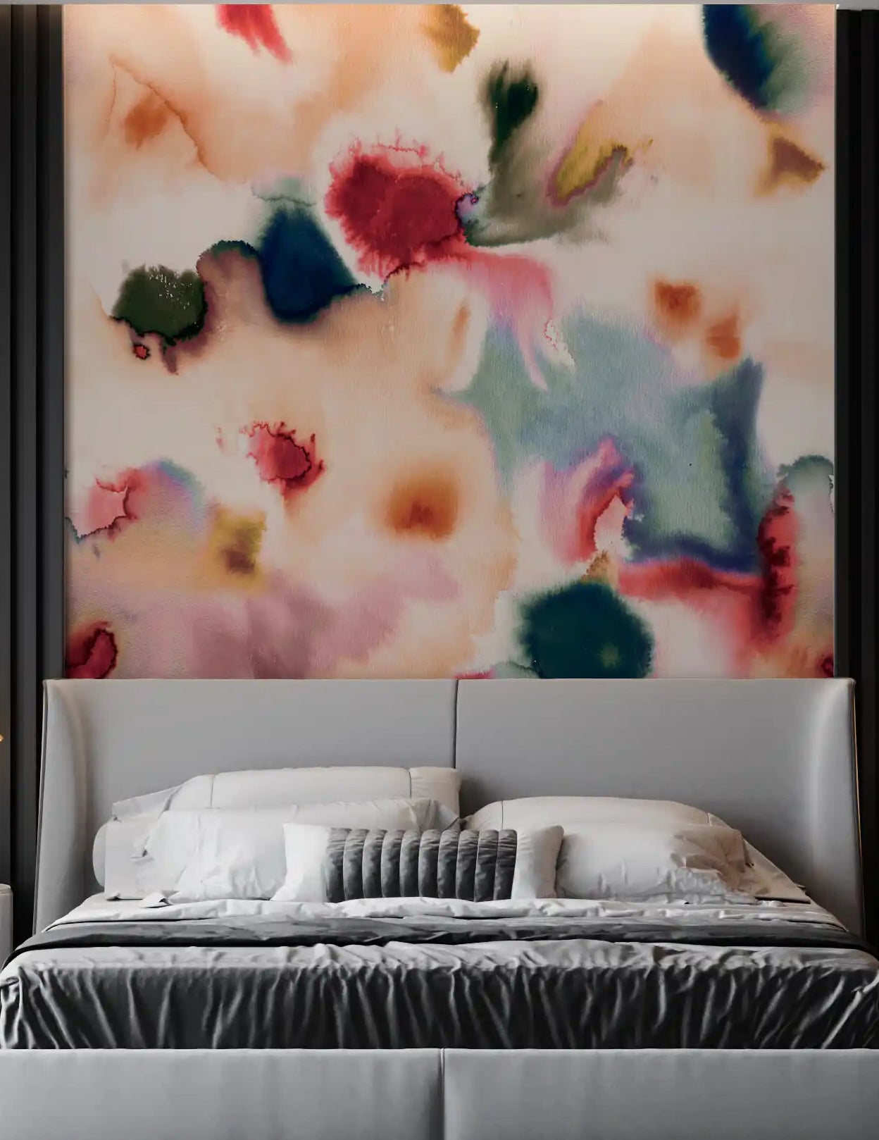 Abstract watercolor flow wall mural with soft colour washes in a bedroom.