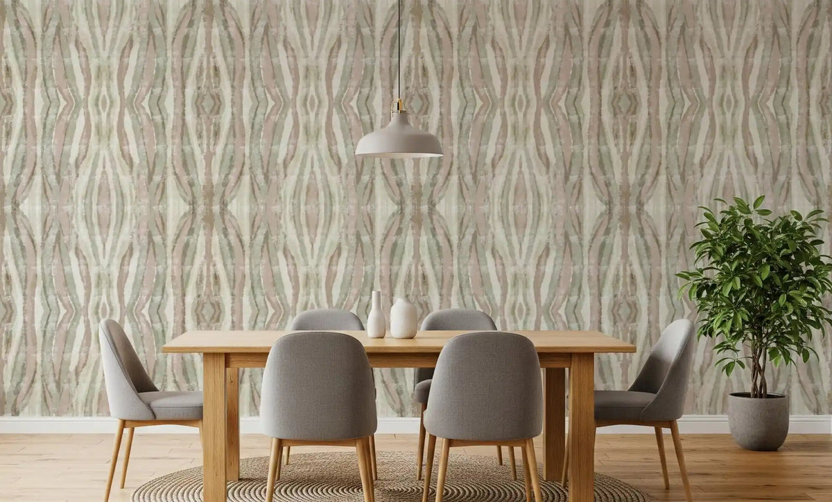 Dusty pink and sage striped wallpaper displayed in a dining room setting., GD10530