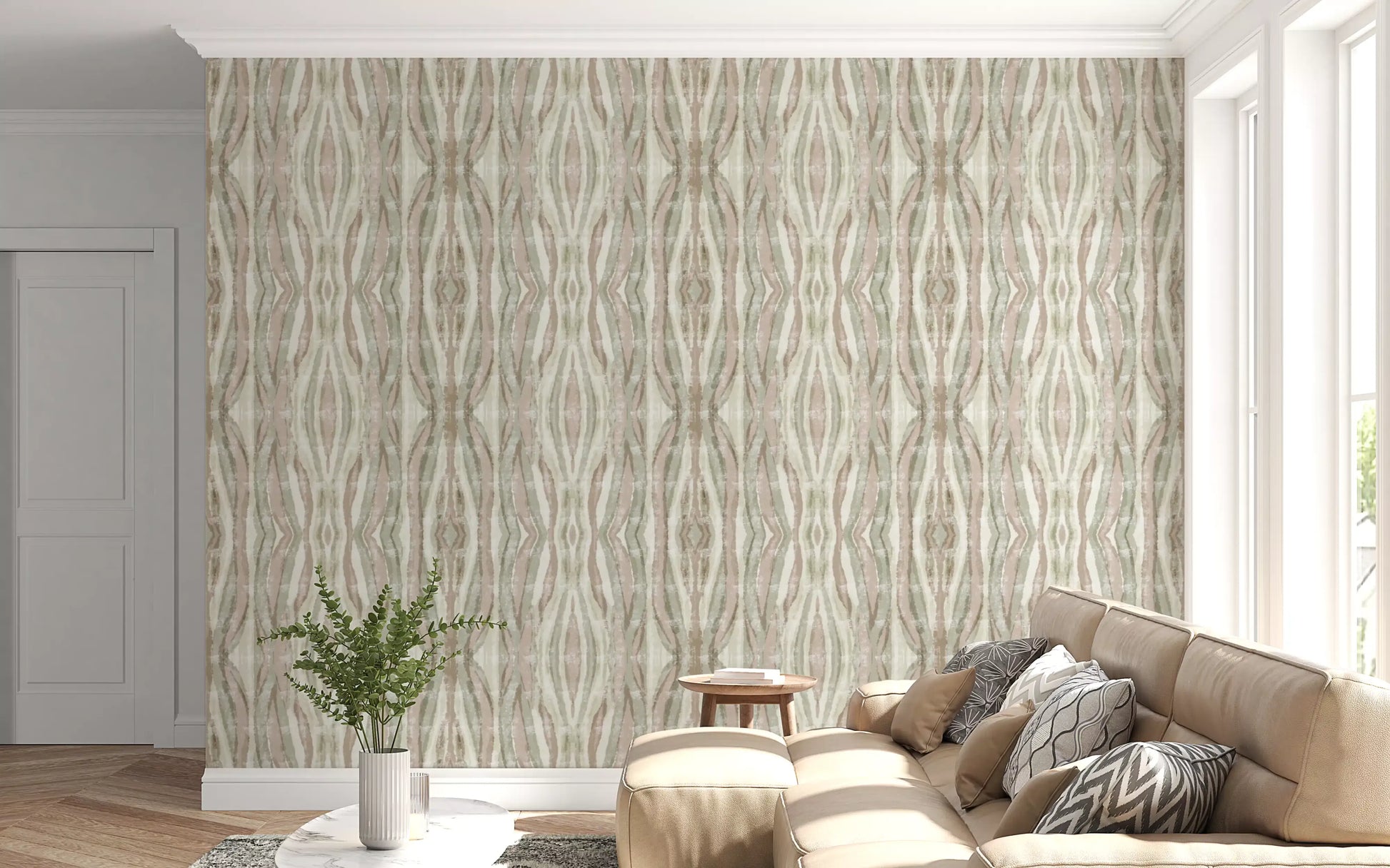 Organic wallpaper with Vertical flowing stripes in cream mauve and olive., GD10530