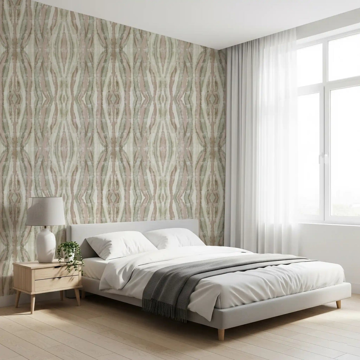 Textured distressed stripe pattern on muted organic flow wallpaper for bedroom., GD10530