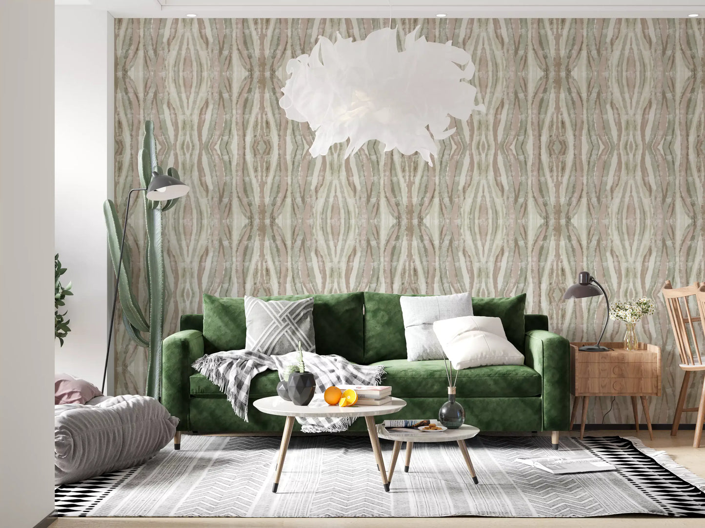 Muted organic flow stripes wallpaper with dusty pink and sage green bands., GD10530