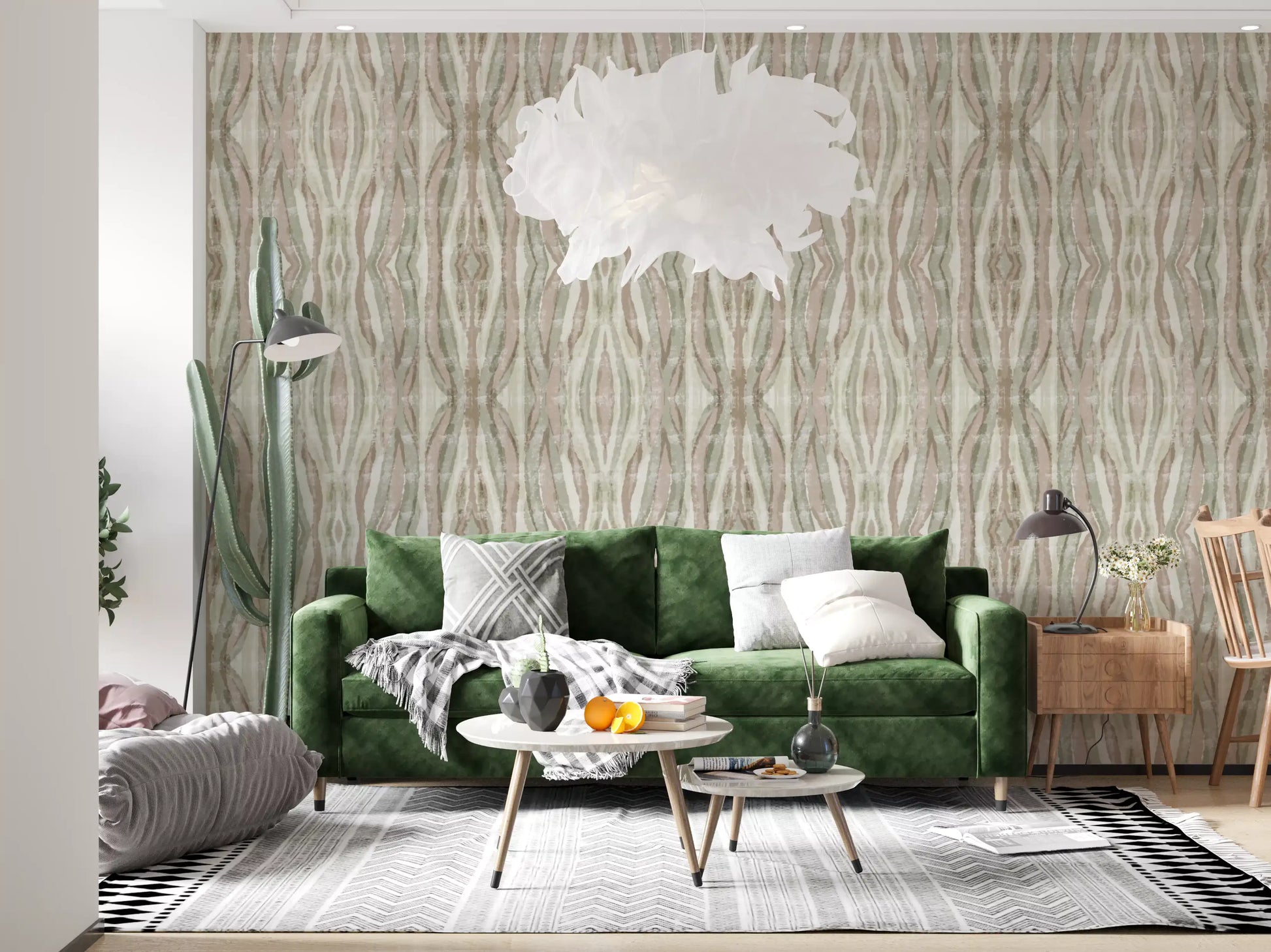 Muted organic flow stripes wallpaper with dusty pink and sage green bands., GD10530