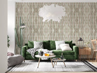 Muted organic flow stripes wallpaper with dusty pink and sage green bands., GD10530