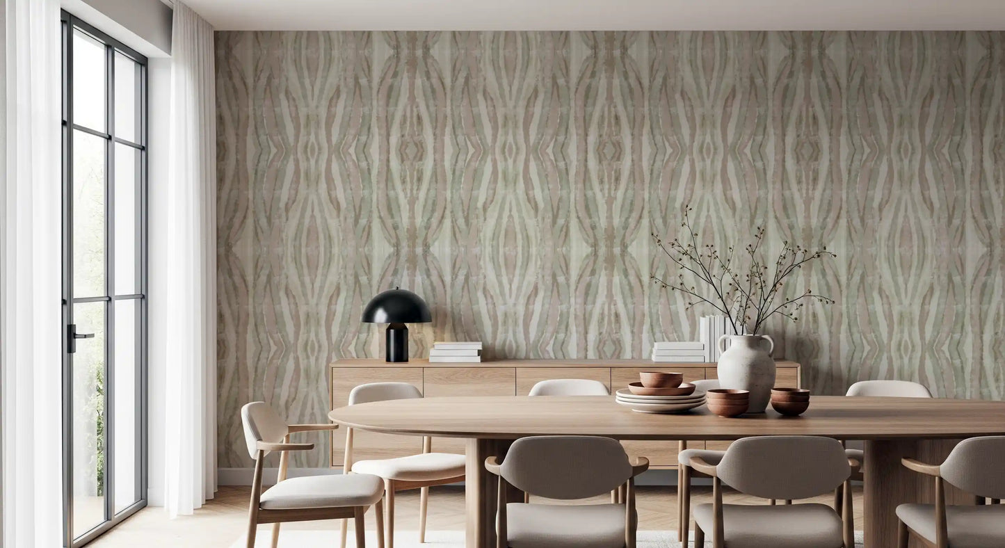 Striped wallpaper in dining room with Cream and mauve tonal bands with weathered texture., GD10530
