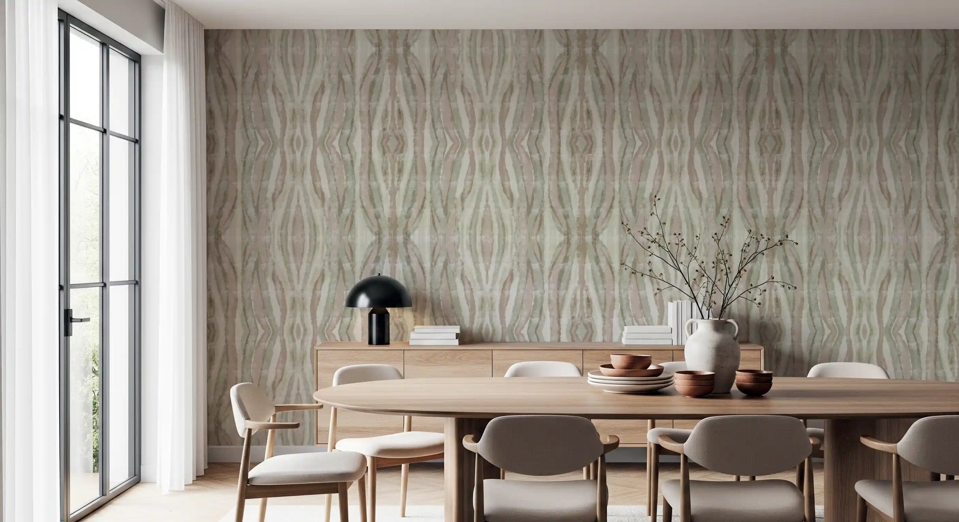 Striped wallpaper in dining room with Cream and mauve tonal bands with weathered texture., GD10530