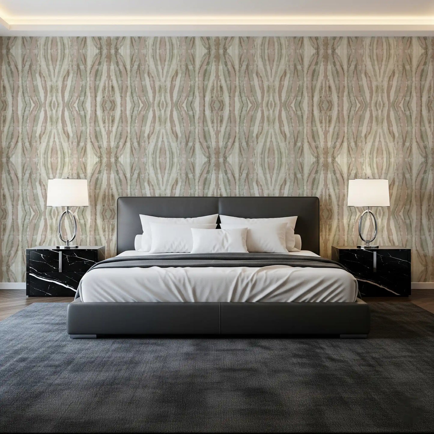 Muted organic flow stripes wallpaper with neutral tones in a bedroom space., GD10530