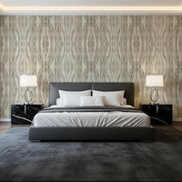 Muted organic flow stripes wallpaper with neutral tones in a bedroom space., GD10530