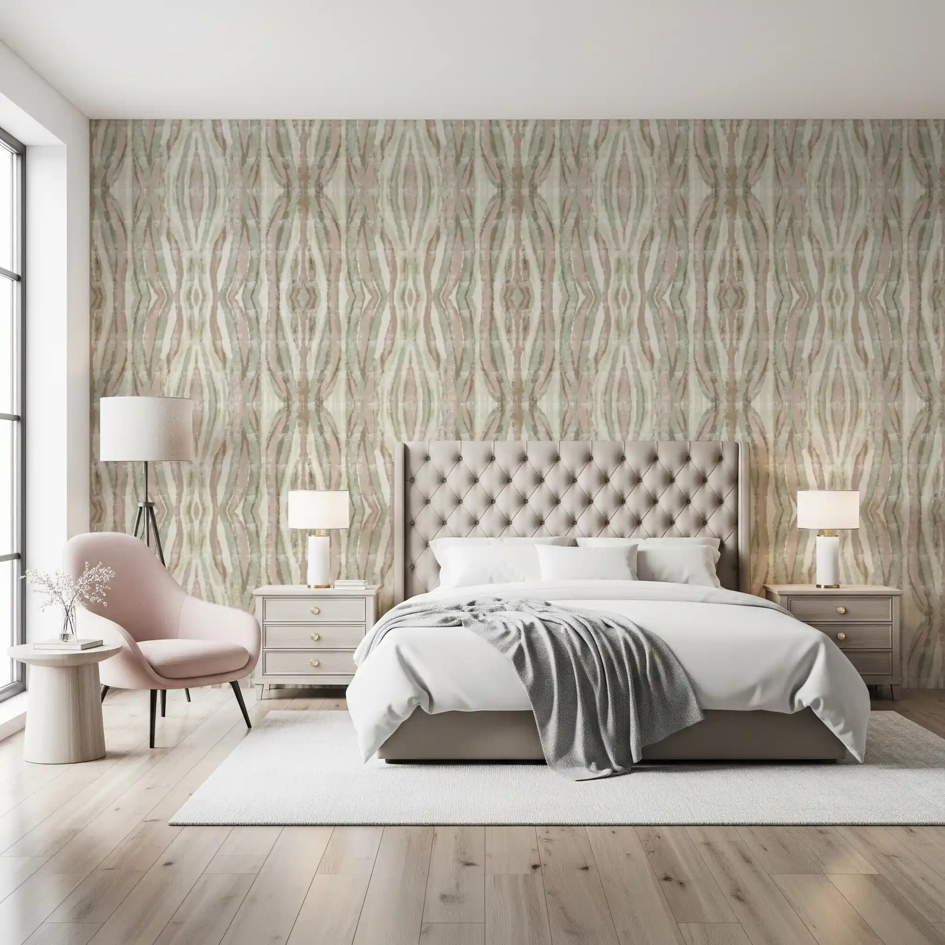 Sage green and dusty pink vertical stripes on muted organic flow wallpaper., GD10530