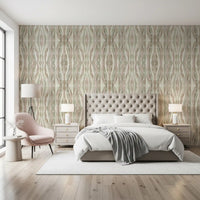 Sage green and dusty pink vertical stripes on muted organic flow wallpaper., GD10530