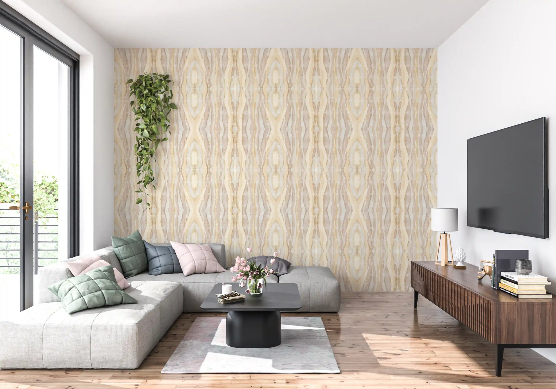 Vertical shibori-inspired stripes wallpaper in cream and warm beige color., GD10531