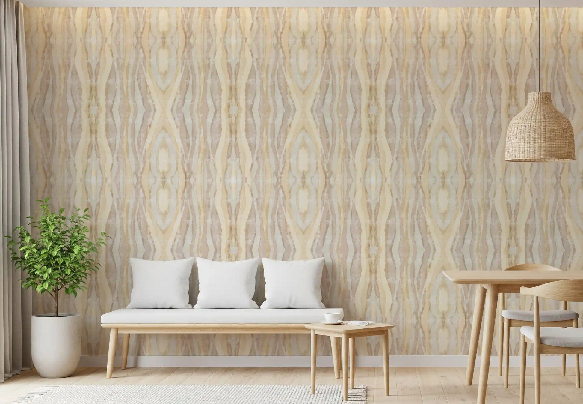 Earthen rhythm shibori stripes wallpaper with sandy gold and taupe bands., GD10531