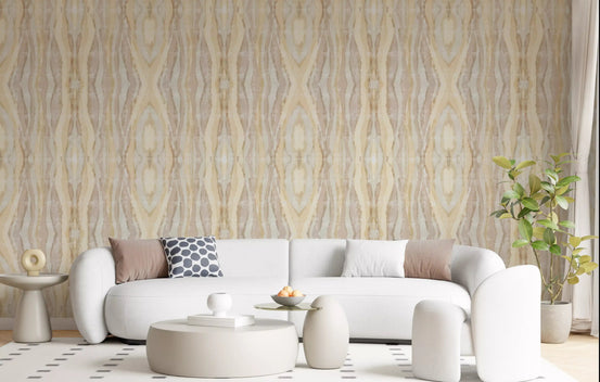 Sandy gold and taupe shibori wallpaper displayed in a living room space., GD10531