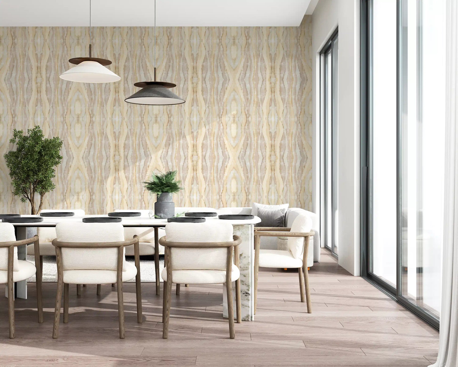 Rhythm striped wallpaper with Sandy gold and mushroom toned bands in dining area., GD10531
