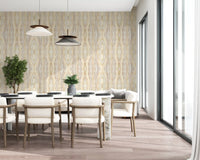 Rhythm striped wallpaper with Sandy gold and mushroom toned bands in dining area., GD10531