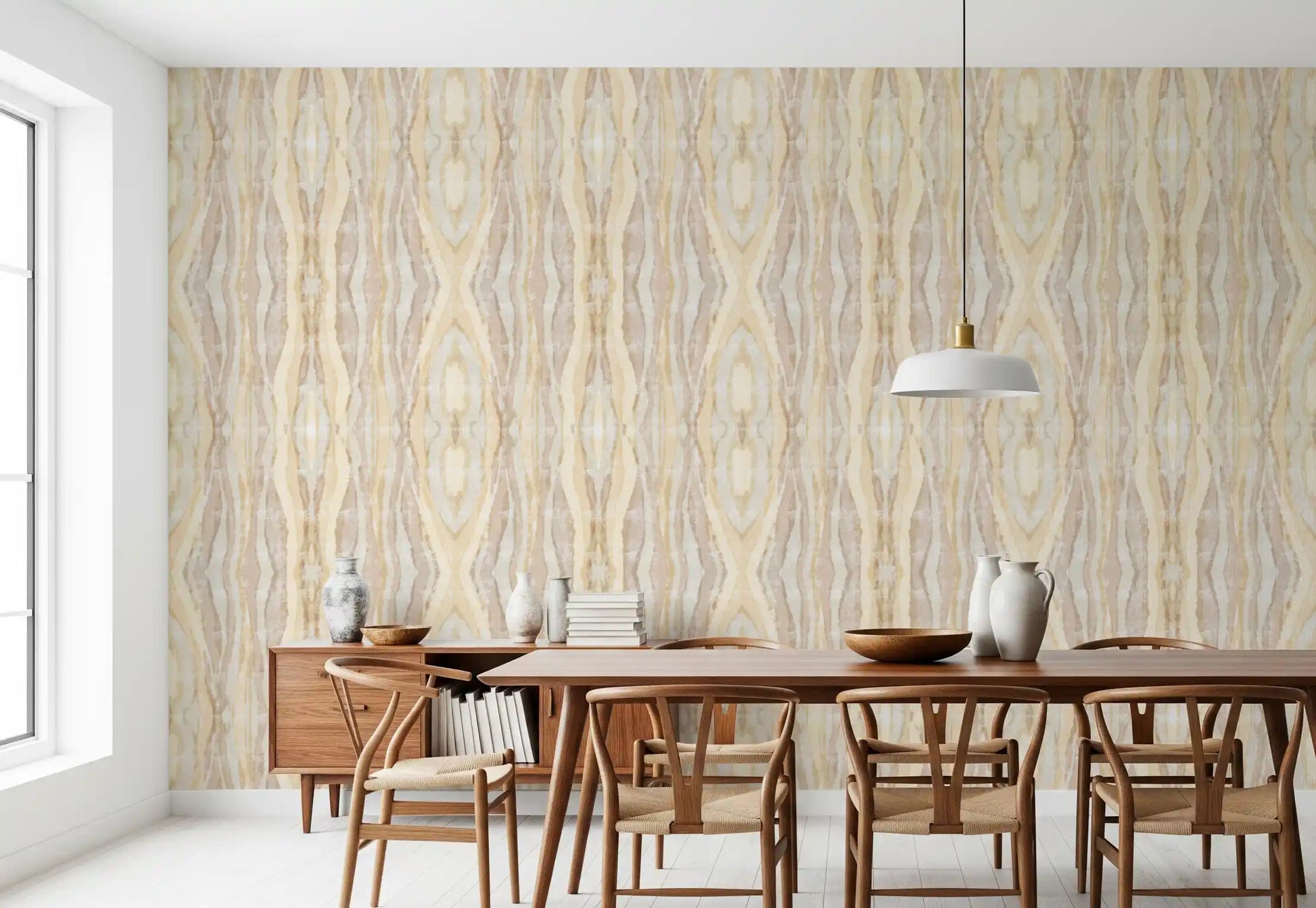 Earthen rhythm shibori stripes wallpaper with warm tones in a dining room., GD10531