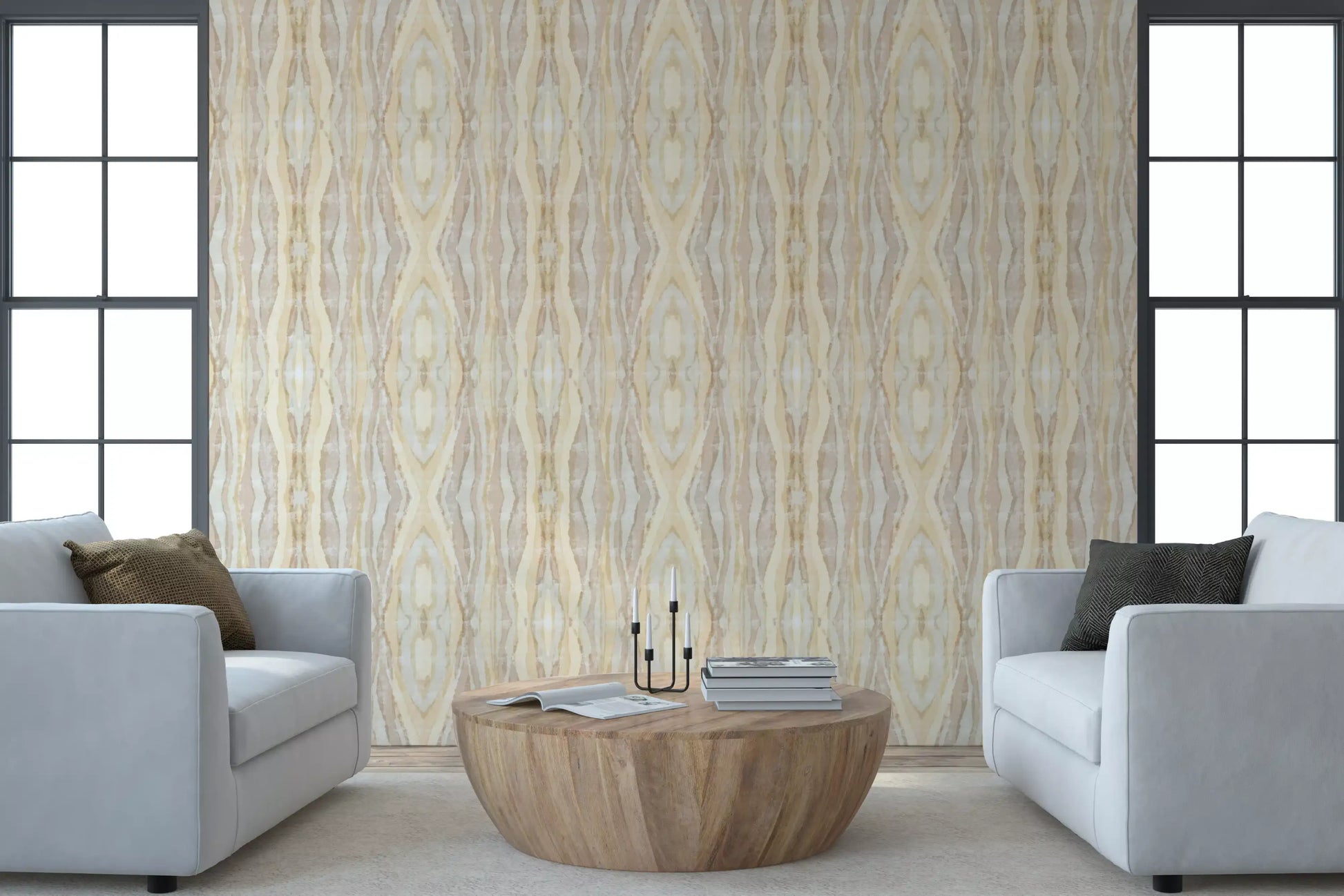 Textured dye-resist stripe pattern on earthen rhythm shibori wallpaper., GD10531