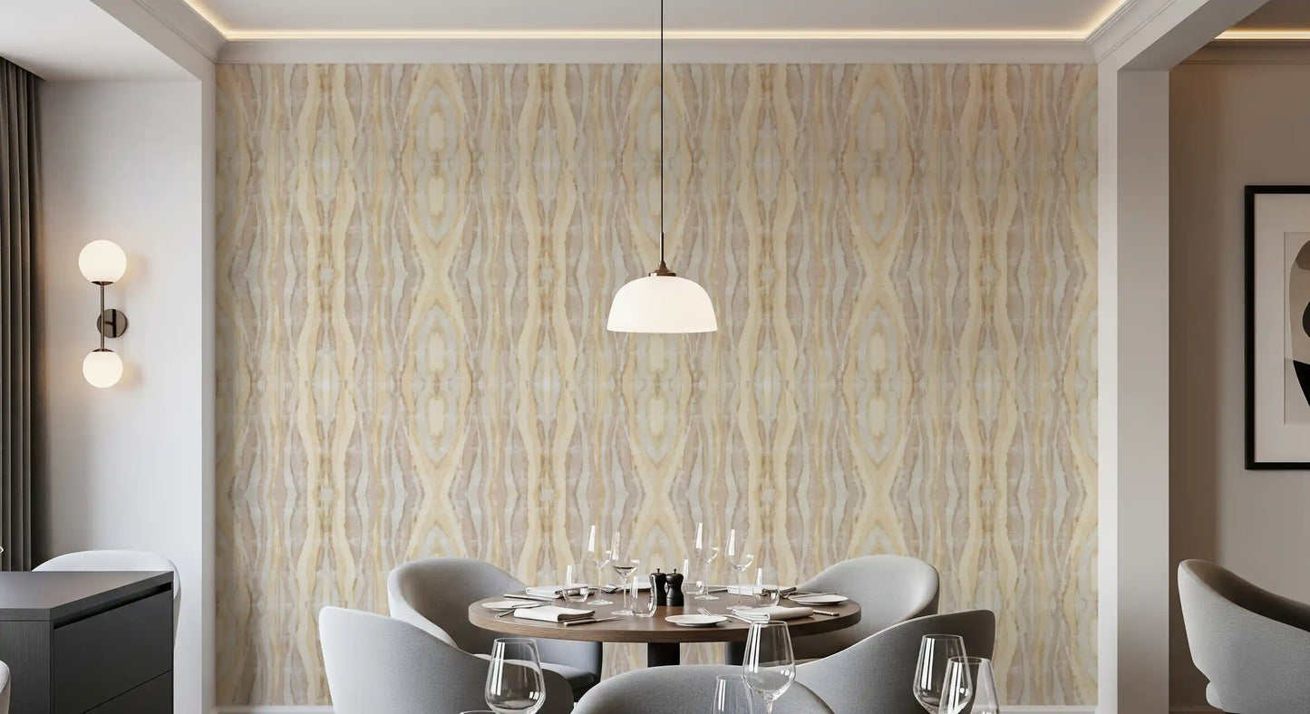 Symmetrical mirrored shibori layout on earthen rhythm stripes wallpaper., GD10531