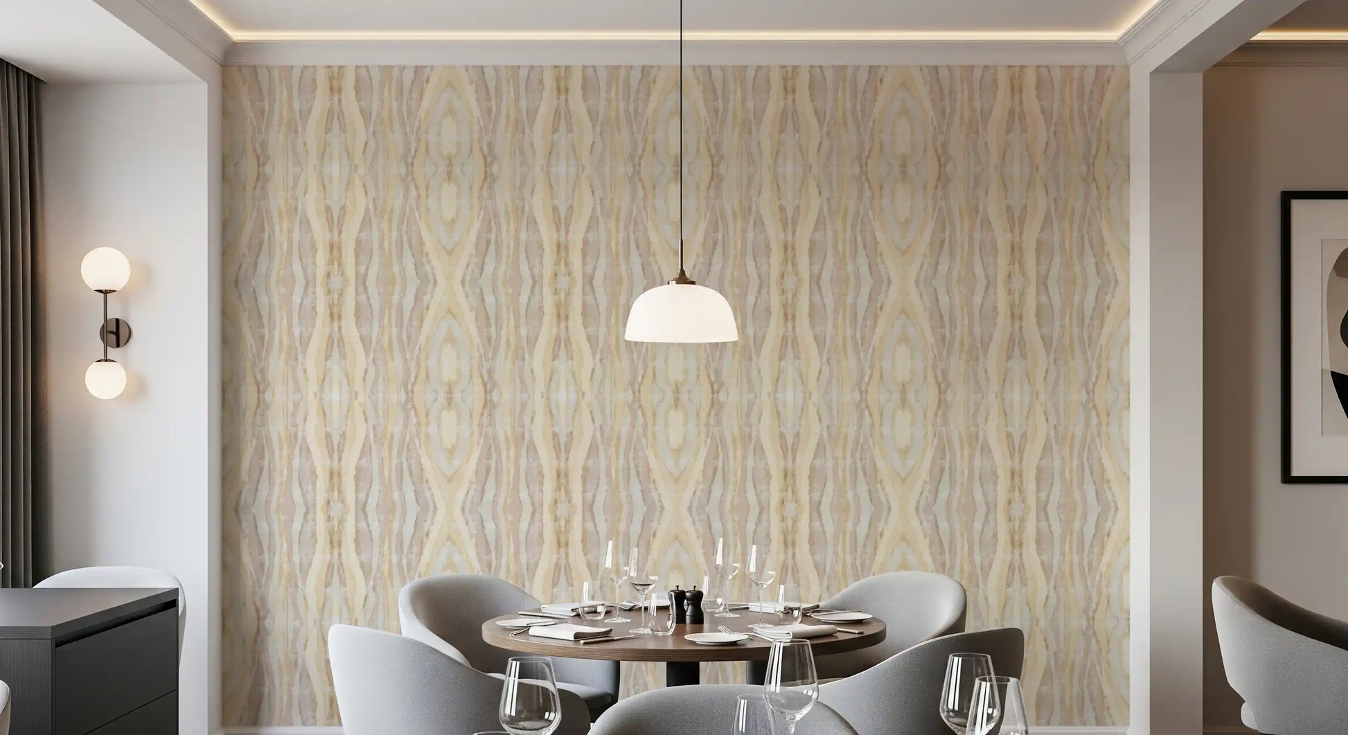 Symmetrical mirrored shibori layout on earthen rhythm stripes wallpaper., GD10531