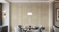 Symmetrical mirrored shibori layout on earthen rhythm stripes wallpaper., GD10531