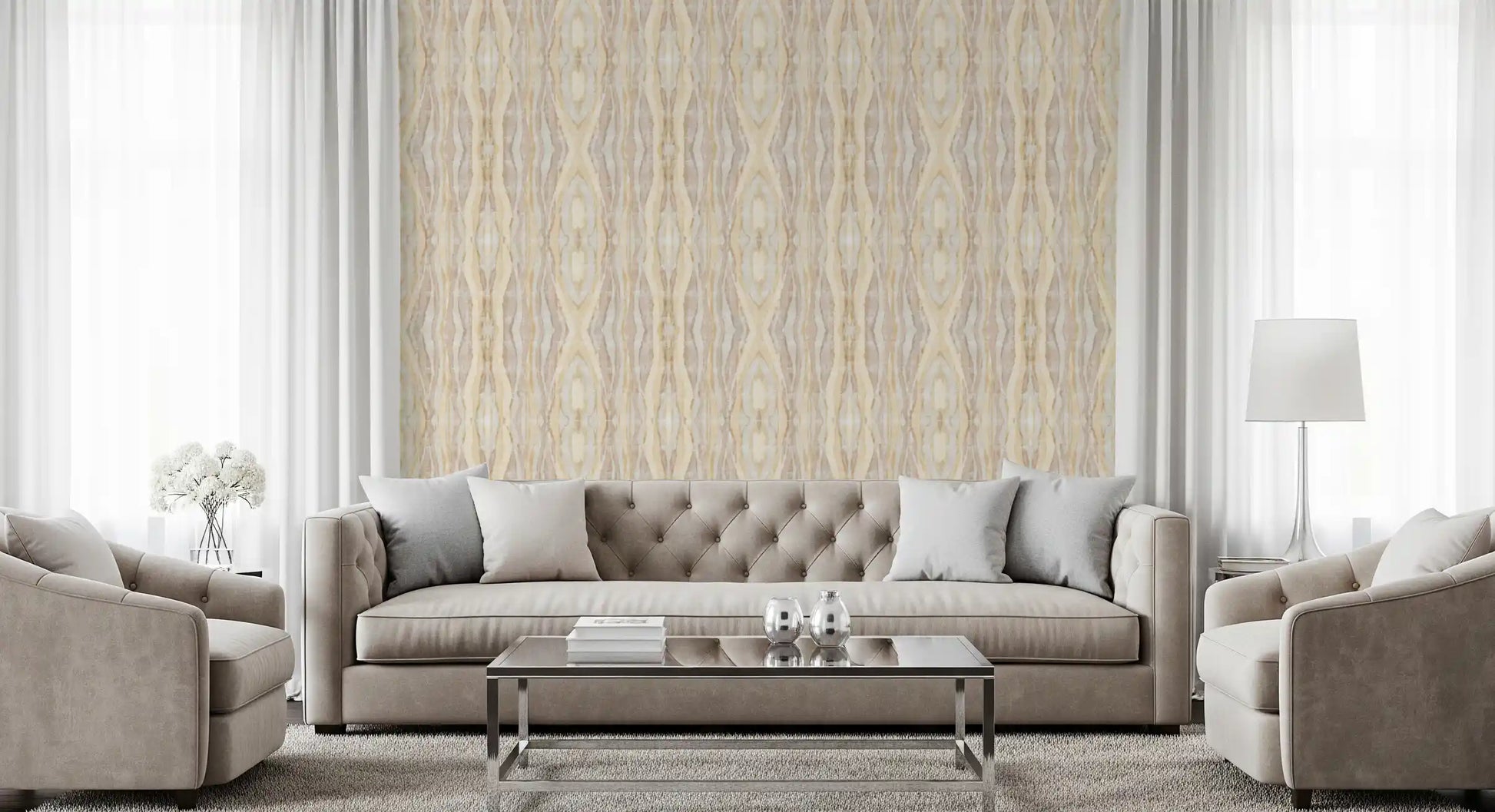 Overlapping wheat and taupe bands on earthen rhythm shibori wallpaper., GD10531
