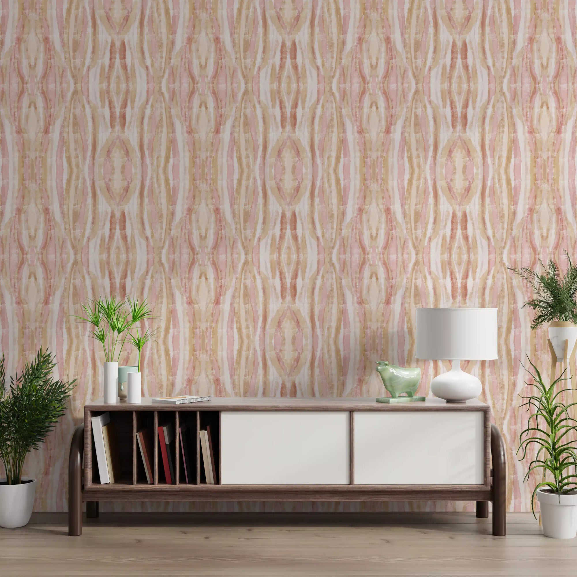 Blush and gold ikat waves wallpaper displayed in a hallway space., GD10532
