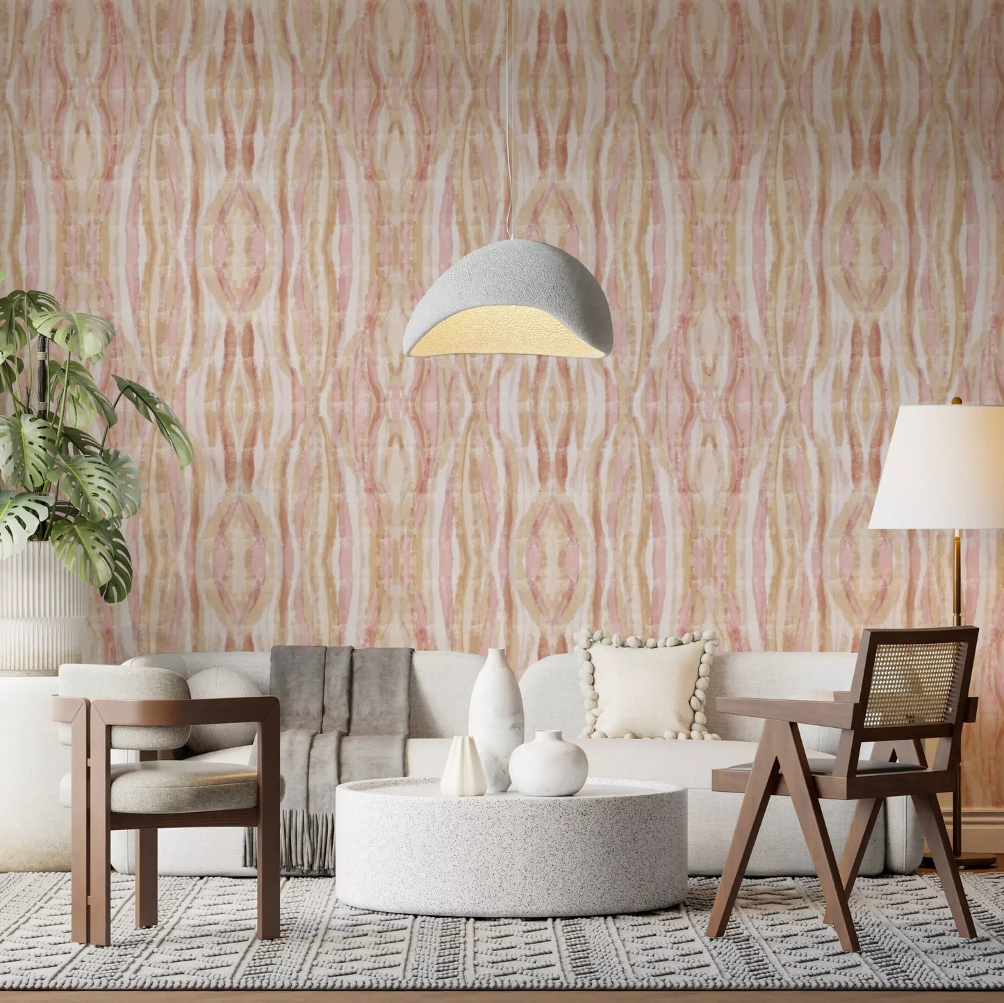 Sandy gold and blush pink vertical waves on soft whisper ikat wallpaper., GD10532