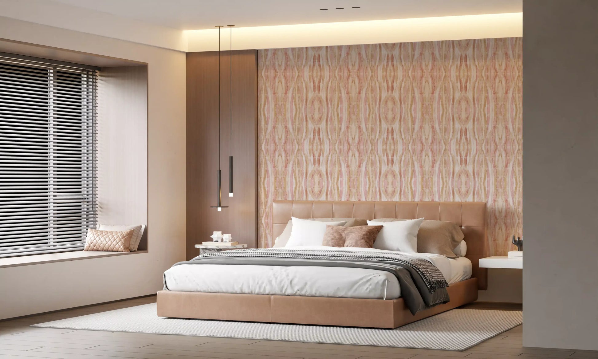 Symmetrical mirrored ikat layout on soft whisper waves wallpaper for bedrom., GD10532