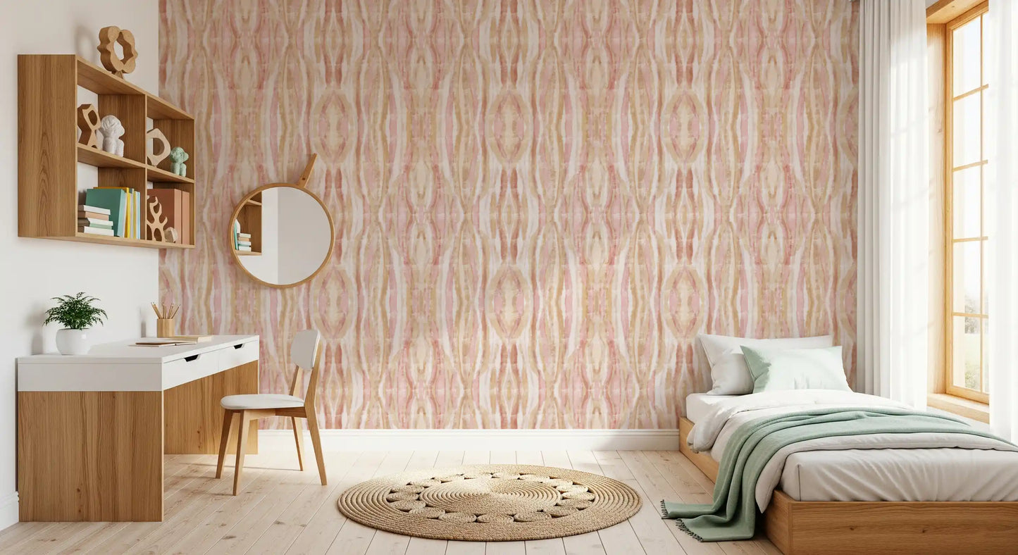Soft whisper ikat waves wallpaper with pink tones in a bedroom setting., GD10532