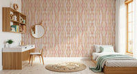Soft whisper ikat waves wallpaper with pink tones in a bedroom setting., GD10532