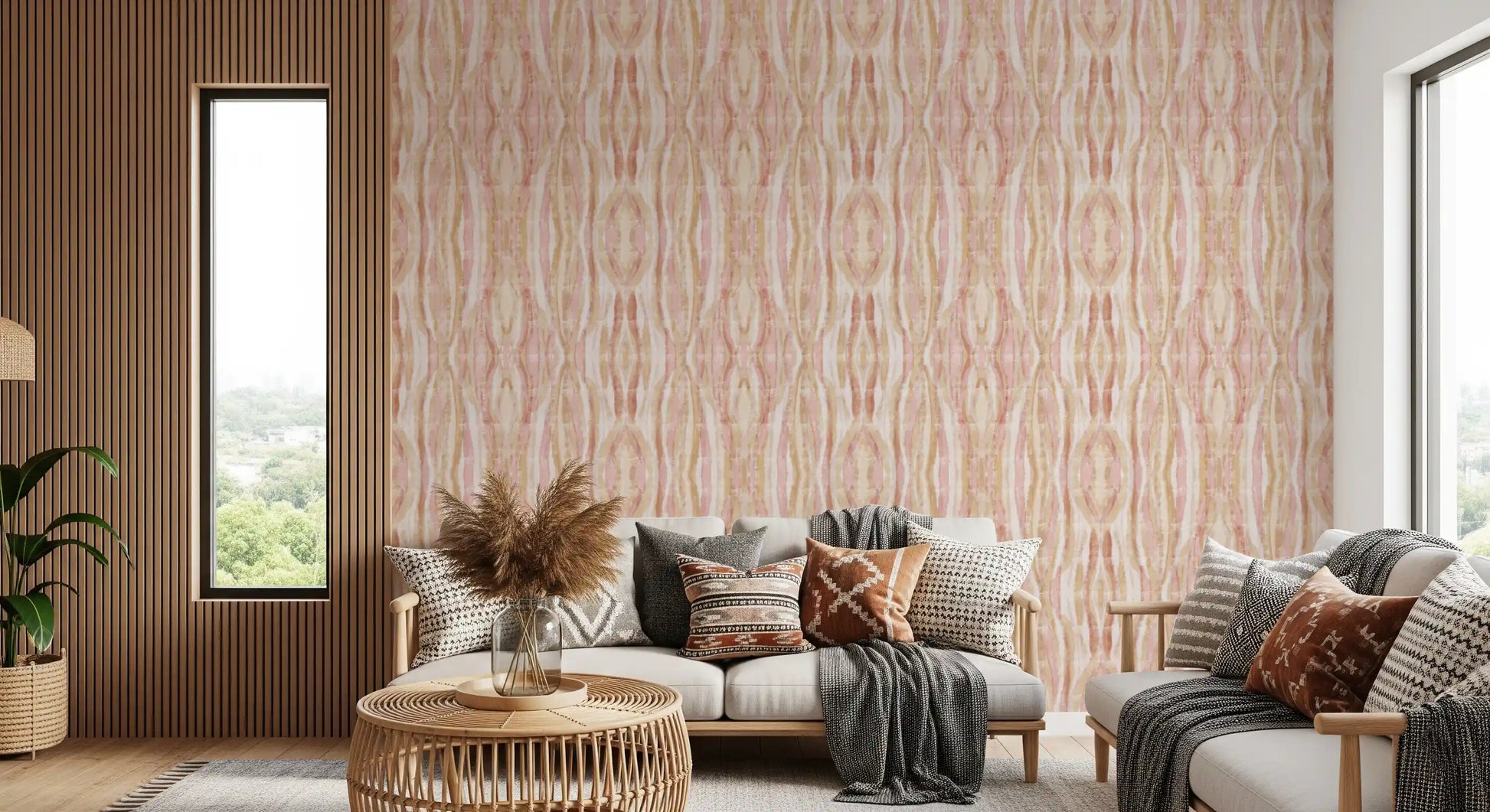 Blush pink and golden wheat interwoven bands on ikat waves wallpaper., GD10532