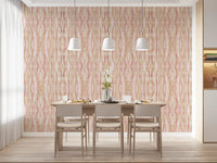 Soft whisper ikat waves wallpaper in dining room Overlapping rose and wheat bands., GD10532
