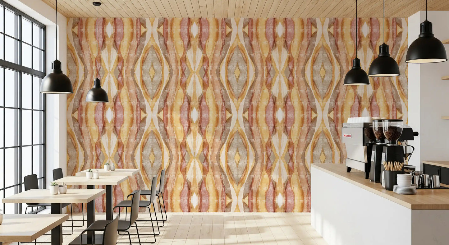 Vertical abstract waves in dusty rose and golden ochre on striped wallpaper., GD10533