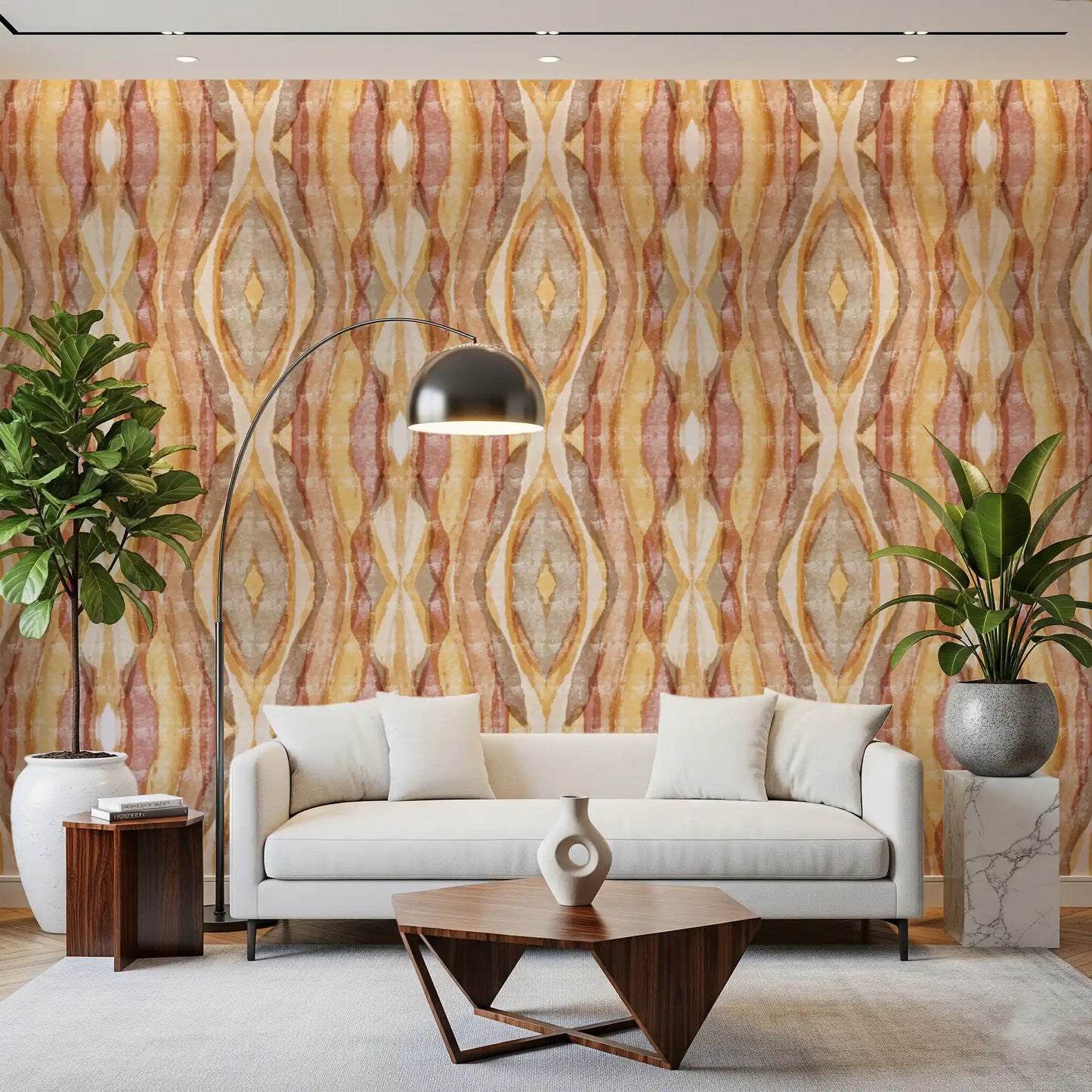 Rhythm wallpaper with Golden ochre and dusty rose vertical stripes., GD10533